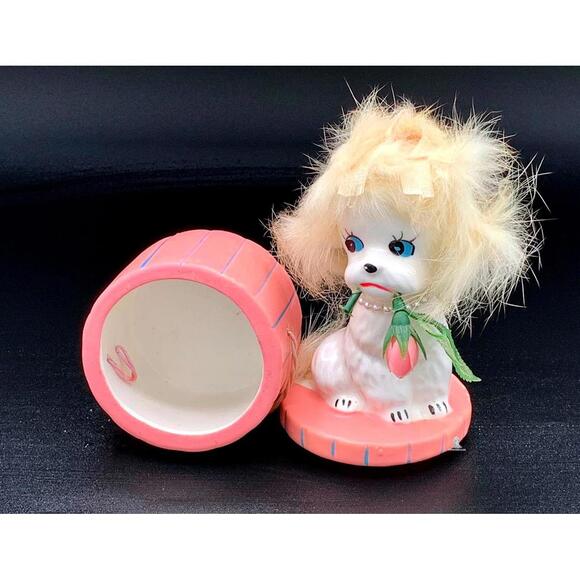 Enesco Pink Poodle Trinket Box Vintage Ceramic Dog Pearl String Jewelry Box - Picture 3 of 5